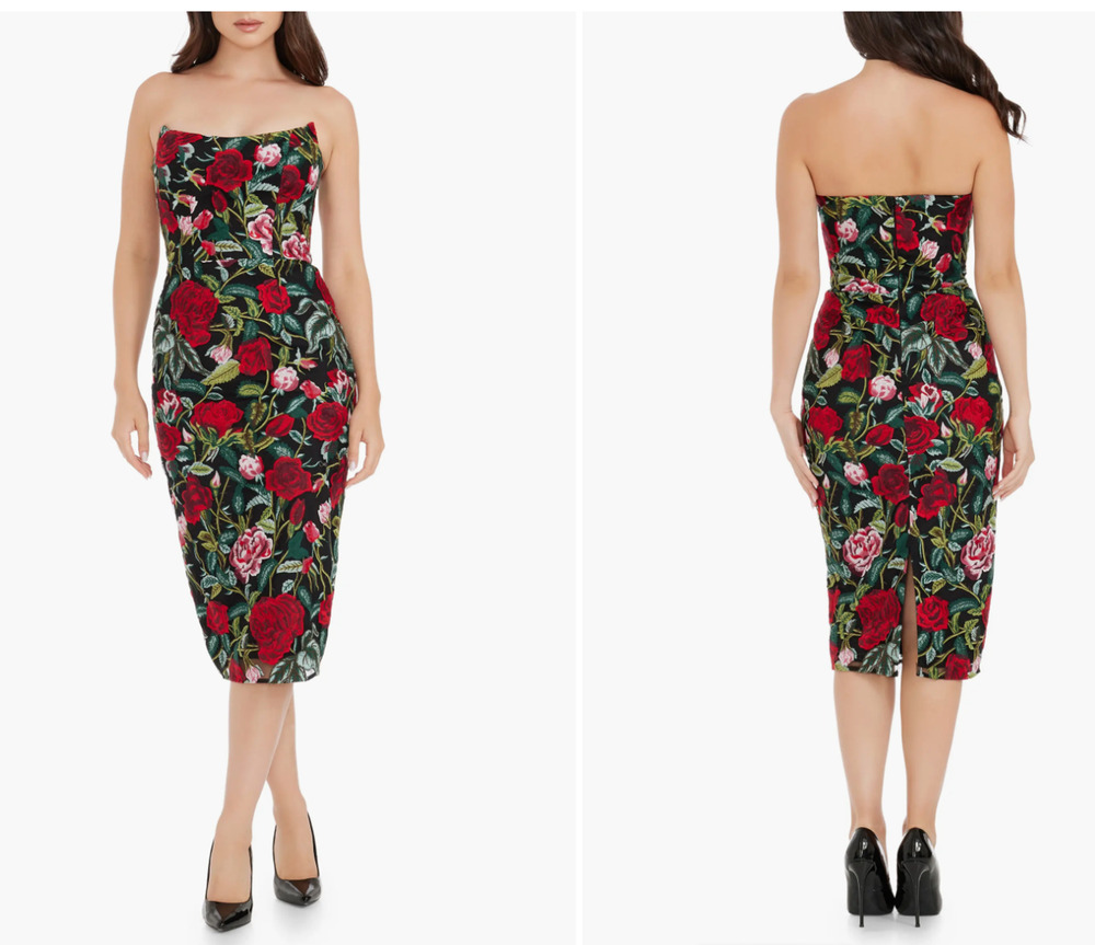 Dress Population Large Cosette Floral Embroidered Strapless Body-Con Dress NWT